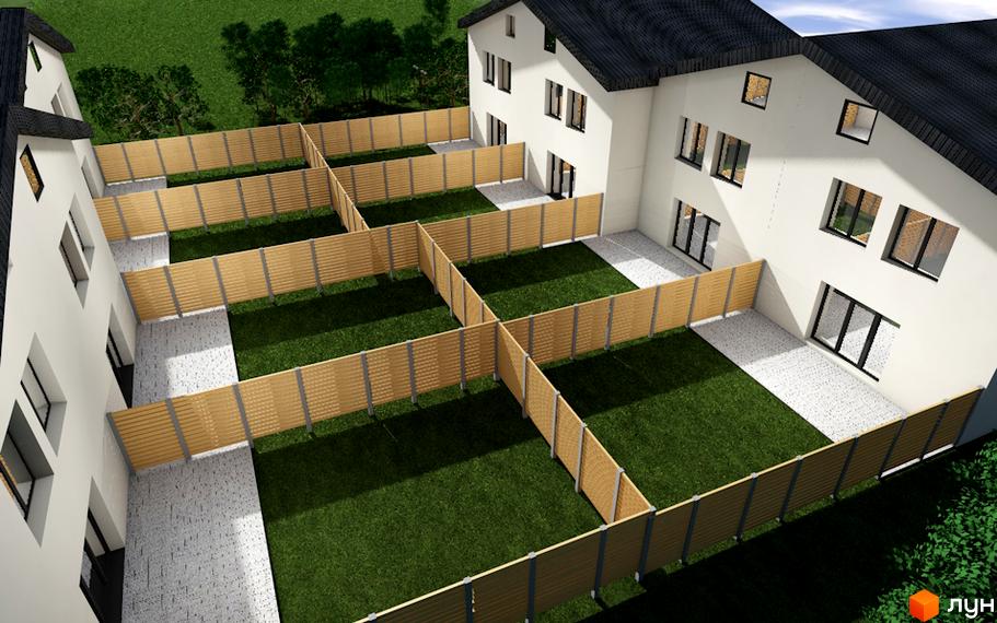 Котеджне містечко Дуби: вид зверху на білі двоповерхові будинки з темними дахами та індивідуальними зеленими ділянками, огородженими парканом.