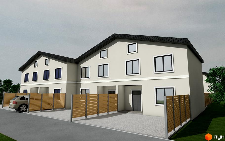 Котеджне містечко Дуби: двоповерхові будинки світло-сірого кольору з темним дахом та дерев'яними парканами навколо прибудинкової території.