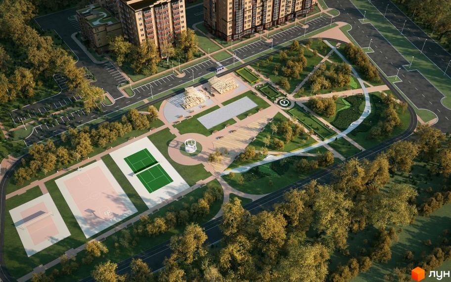 Житловий комплекс ЖК Суворов з парковою територією, спортивними майданчиками та парковкою для автомобілів.