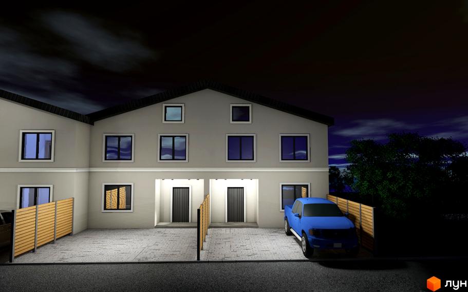 Двоповерховий будинок Котеджного містечка Дуби з темним дахом та світлими стінами вночі. Перед будинком парковка, огорожа та синій пікап.