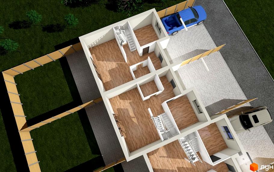 Котеджне містечко Дуби: вид зверху на будинок з дерев'яним парканом та прибудинковою територією з автомобілями.