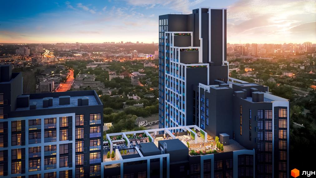 Вид на житловий комплекс Nordica Residence з терасою та міським пейзажем на заході сонця. Сучасна архітектура з великою кількістю вікон та зеленими зонами на даху.