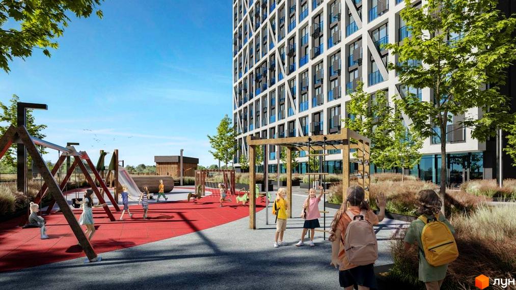 Житловий комплекс Nordica Residence з дитячим майданчиком та зоною відпочинку. Сучасна архітектура та зелена територія.