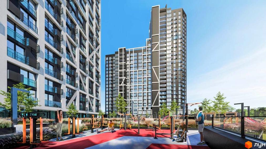 Житловий комплекс Nordica Residence з високими будівлями та сучасною зоною для тренувань на відкритому повітрі. На території комплексу розташовані спортивні тренажери та зелені насадження.