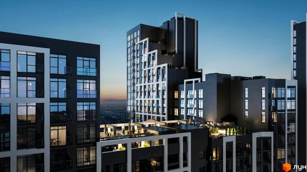 Зовнішній вигляд комплексу Nordica Residence з темними фасадами та великою кількістю вікон. На терасах видно зони відпочинку з парасольками та зеленню.