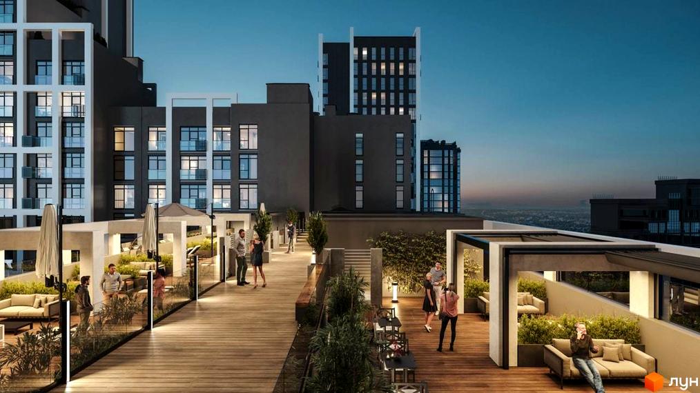 Житловий комплекс Nordica Residence з терасами та зонами відпочинку на даху. На зображенні видно сучасну архітектуру будівель та облаштовану прибудинкову територію для мешканців.