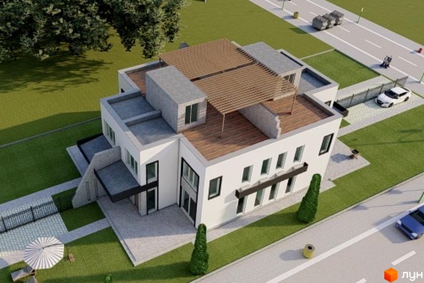 Зображення таунхауса New Life Townhouse з плоским дахом та великими вікнами. Навколо будинку зелений газон та доріжки.