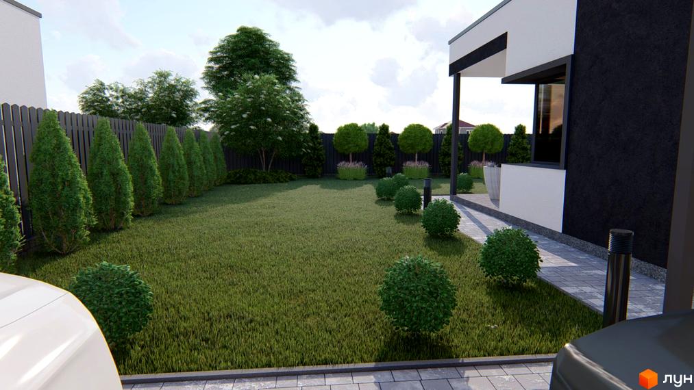 Зовнішній вигляд будинку Modern Hi-Tech House з акуратним газоном та огорожею. Прибудинкова територія з доглянутими кущами та деревами.