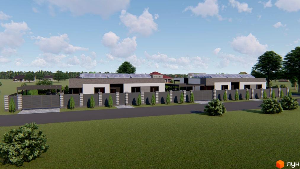 Фасади котеджів Modern Hi-Tech House з плоскими дахами та сонячними панелями, перед якими розташована огорожа з зеленими кущами та дорога.