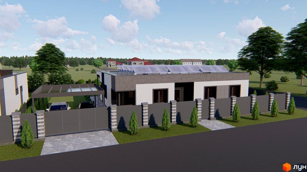 Одноповерховий будинок Modern Hi-Tech House з плоским дахом та сонячними панелями. Перед будинком розташований паркан, зелений газон та критий паркінг для двох авто.