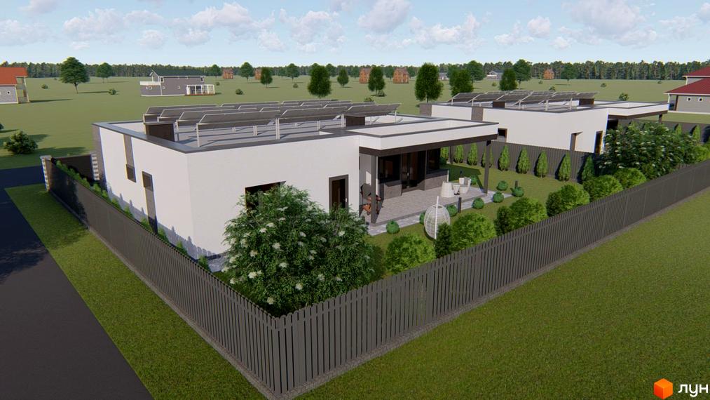 Будівельний проєкт Modern Hi-Tech House з білим фасадом та сонячними панелями на даху. На прибудинковій території розташовані зелені насадження та паркан.