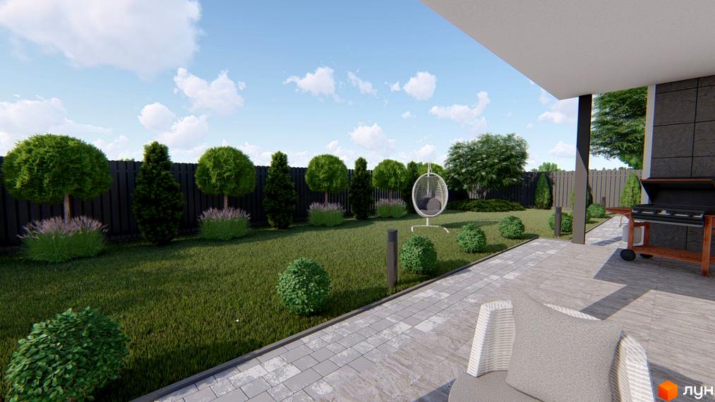 Сучасний задній двір житлового комплексу Modern Hi-Tech House з доглянутим газоном, декоративними деревами та зоною для барбекю. На території є зручні місця для відпочинку та сучасний дизайн.