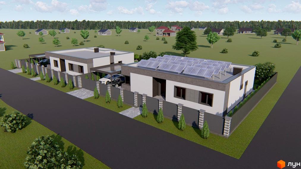 Два будинки Modern Hi-Tech House з плоскими дахами, білими та сірими фасадами, один з сонячними панелями. Огорожа та зелені насадження біля дороги.
