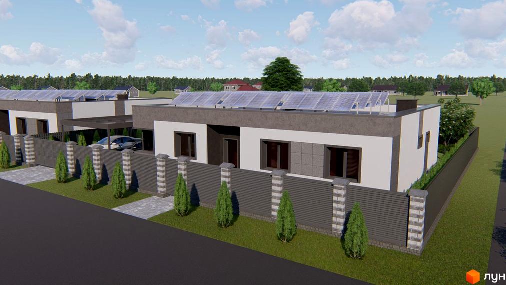 Будинки Modern Hi-Tech House з пласким дахом, сонячними панелями та світло-сірим фасадом. Прибудинкова територія має зелений газон, огорожу та доріжки.