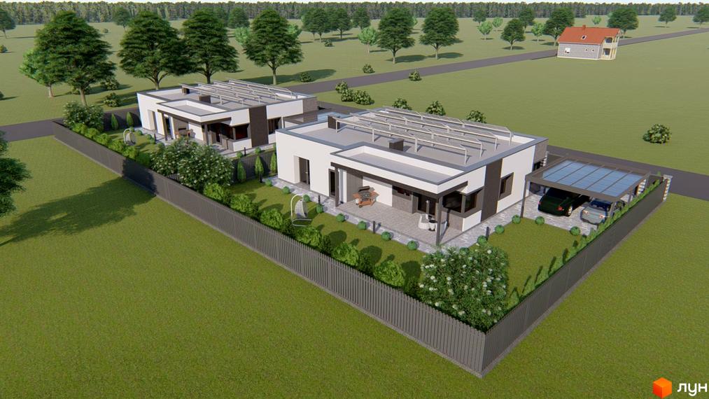 Будинок Modern Hi-Tech House з сонячними панелями на даху та навісом для двох автомобілів. Навколо будинку доглянутий двір з газоном та огорожею.