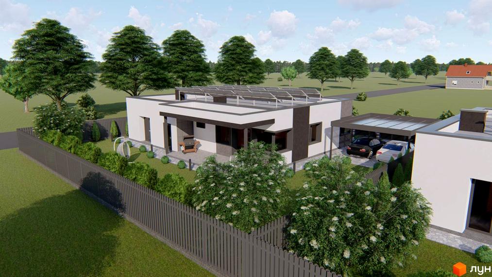 Modern Hi-Tech House з сонячними панелями на даху та прибудинковою територією з парковкою для двох авто та зеленими насадженнями.