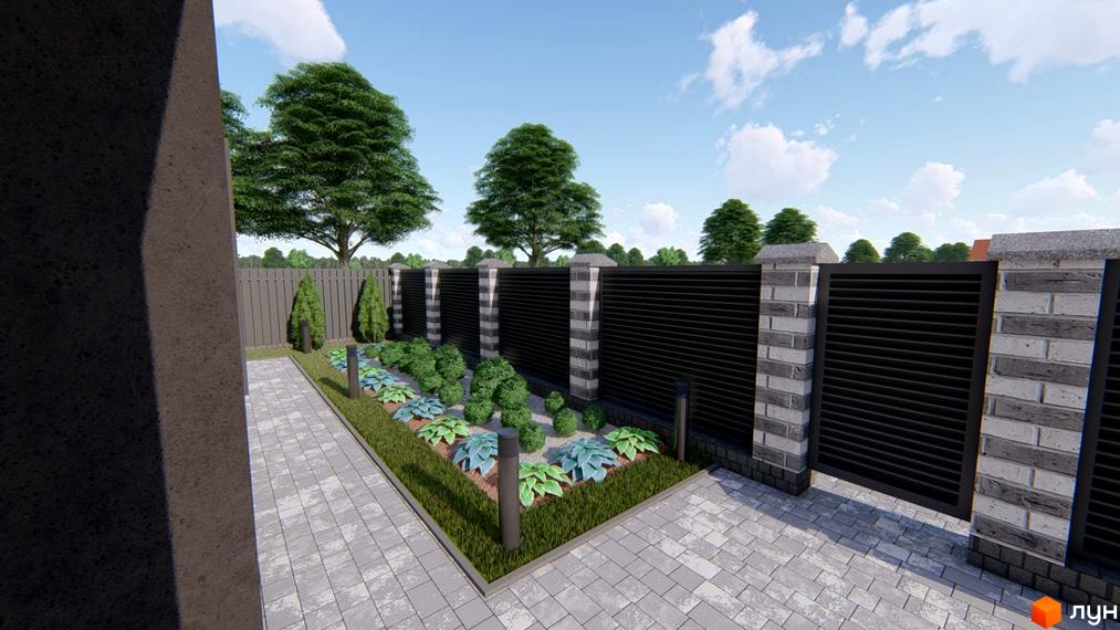 Ландшафтний дизайн та огорожа території Modern Hi-Tech House. Зображено доріжку з бруківки, зелені насадження та паркан з цегляними стовпами.