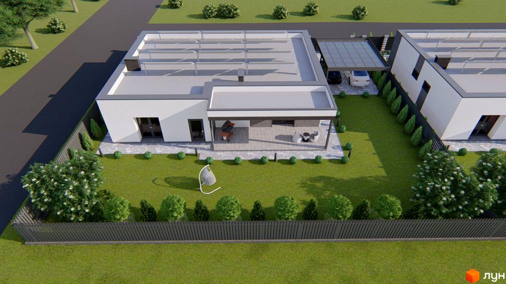 Зовнішній вигляд будинку Modern Hi-Tech House з пласким дахом та прибудинковою територією з газоном та огорожею. На території розташовані дерева та зона відпочинку.