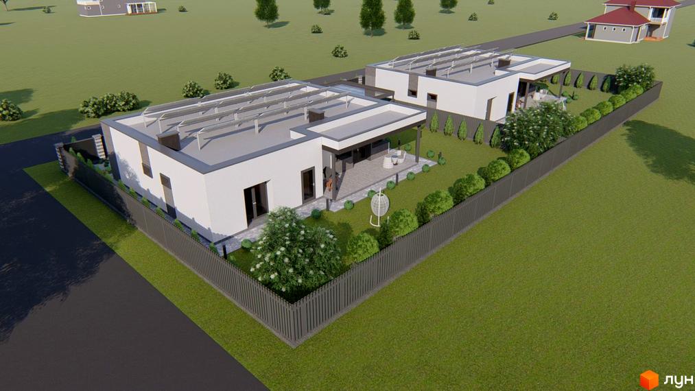 Двоповерховий будинок у стилі Hi-Tech з сонячними панелями на даху та доглянутою прибудинковою територією з огорожею та зеленими насадженнями.