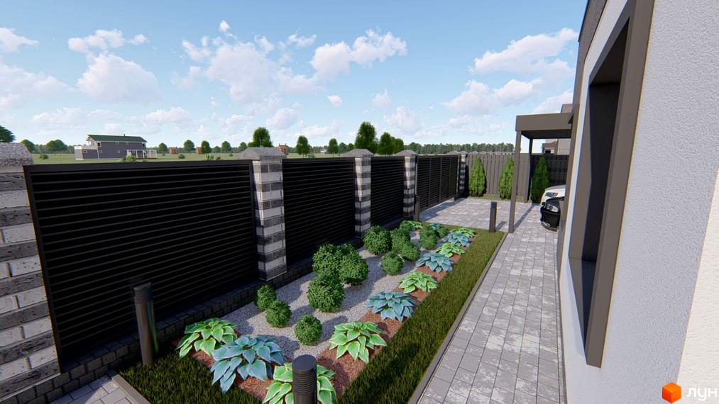 Фасад будинку Modern Hi-Tech House світло-сірого кольору з темними акцентами. Прибудинкова територія має вимощену доріжку, критий паркінг та озеленення.