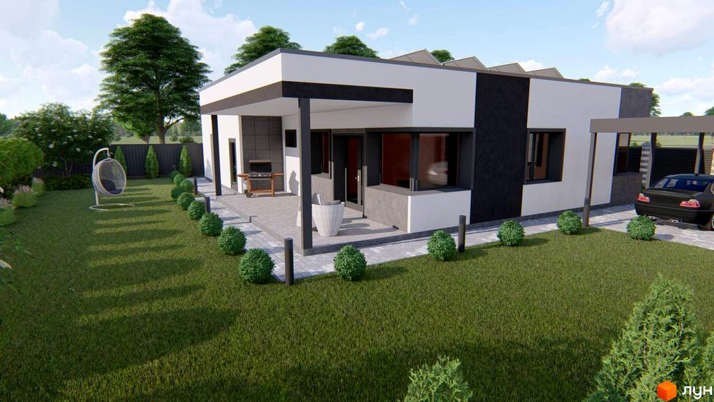 Будинок Modern Hi-Tech House з білим та темним фасадом, великими вікнами, навісом для авто, зеленим газоном та вимощеною доріжкою.