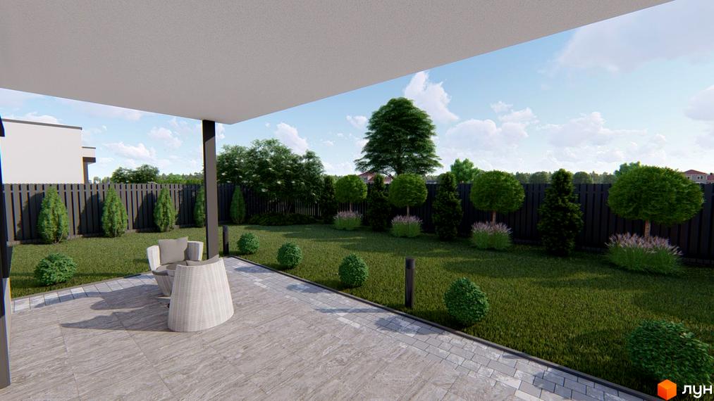 Будинок комплексу Modern Hi-Tech House з терасою та доглянутим заднім двором з газоном та деревами. Сучасний ландшафтний дизайн території новобудови.