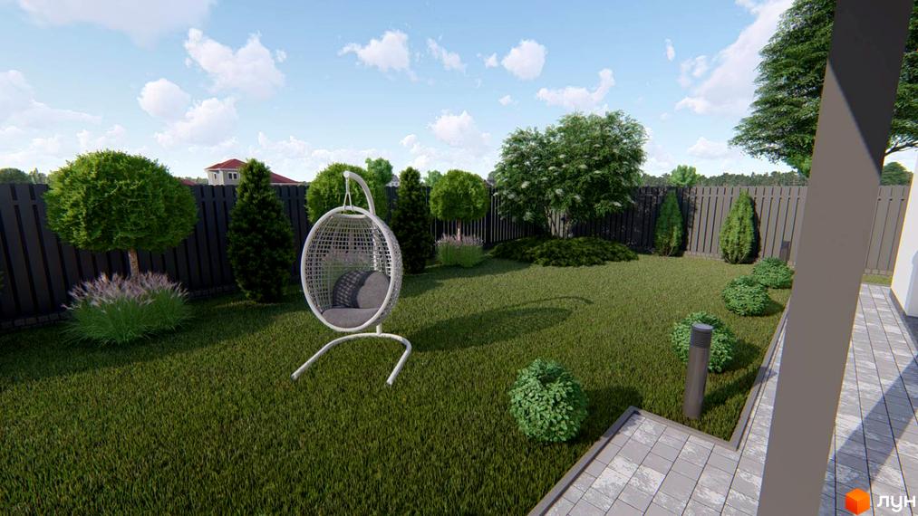 Задній двір Modern Hi-Tech House з частиною будинку, зеленим газоном, деревами, кущами та підвісним кріслом.