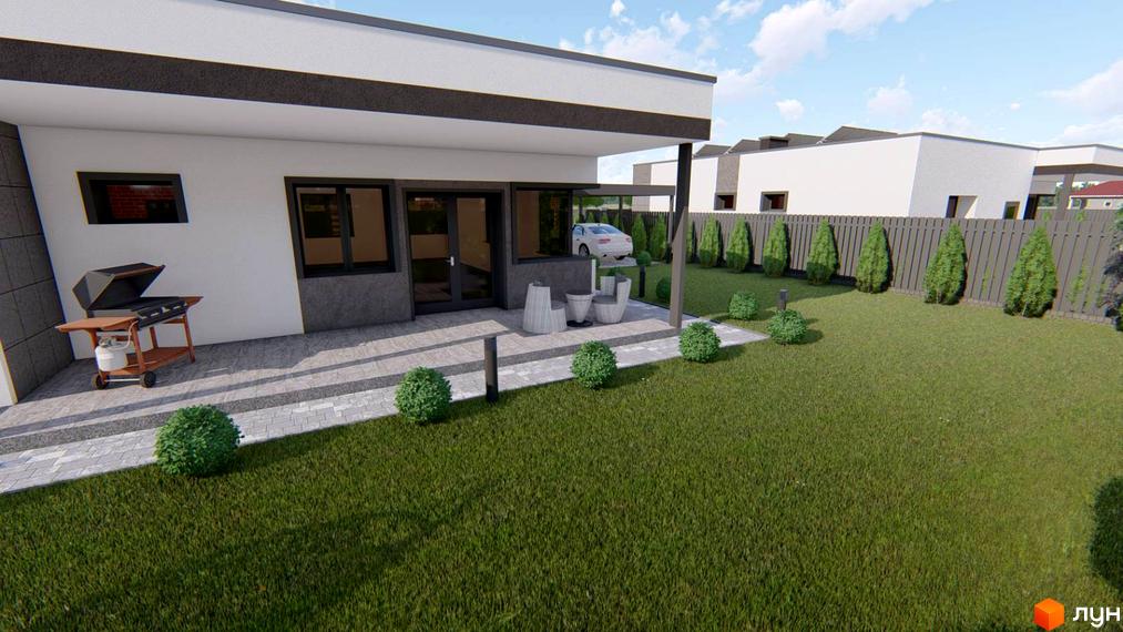 Modern Hi-Tech House - будинок з панорамними вікнами та терасою, зелений газон та паркан навколо новобудови.