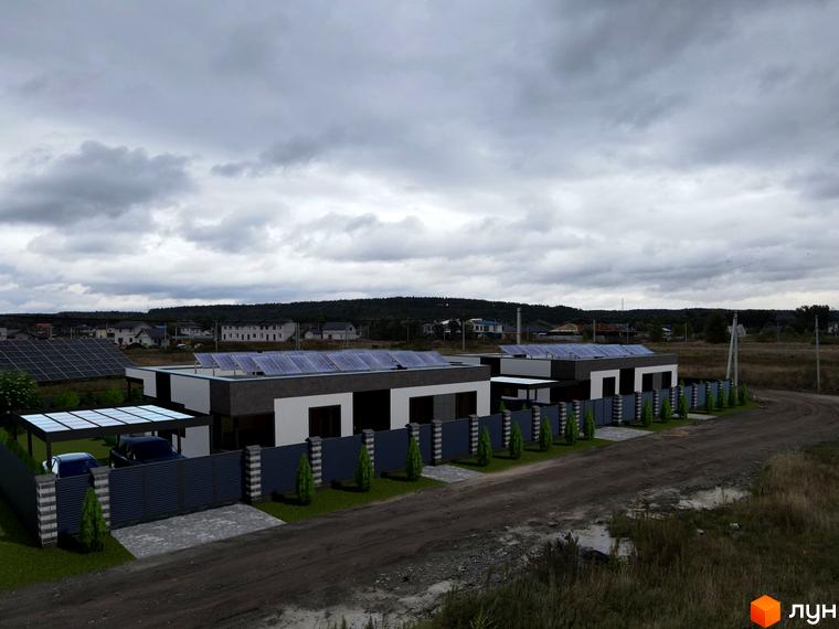 Будинок Modern Hi-Tech House з сонячними панелями на даху та прибудинковою територією з парканом та зеленими насадженнями.