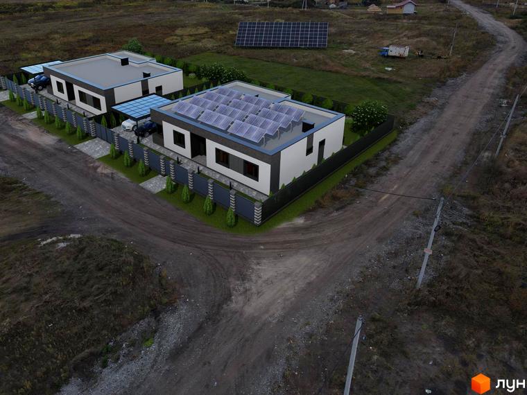 Проєкт Modern Hi-Tech House: двоповерхові будинки з сонячними панелями на даху та огородженою територією з газоном та деревами.