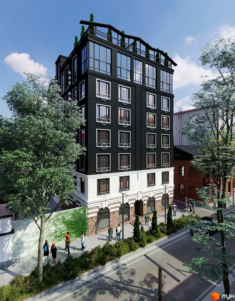 Житловий комплекс Центр - це сучасна новобудова з чорним фасадом, великими вікнами та зеленою прибудинковою територією. На зображенні видно фасад будівлі, вікна, дах з рослинністю та пішохідну зону з деревами та людьми.