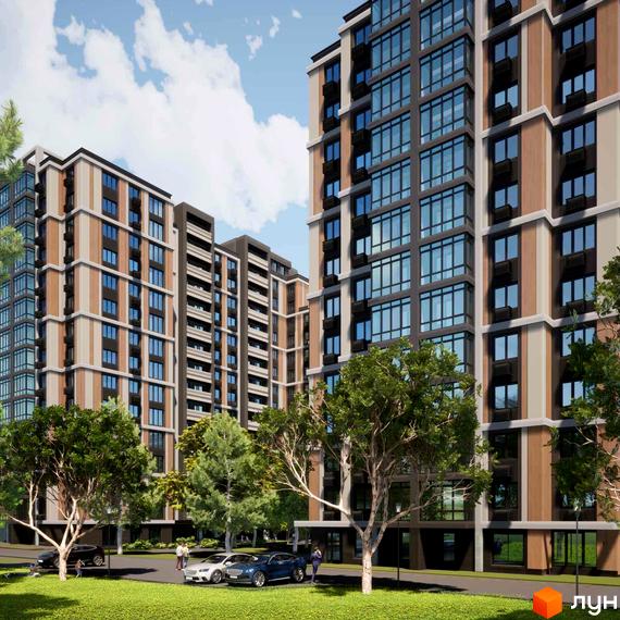 Фаворит Premium – житловий комплекс з високими будинками та скляними фасадами. Прибудинкова територія з деревами та місцями для паркування.