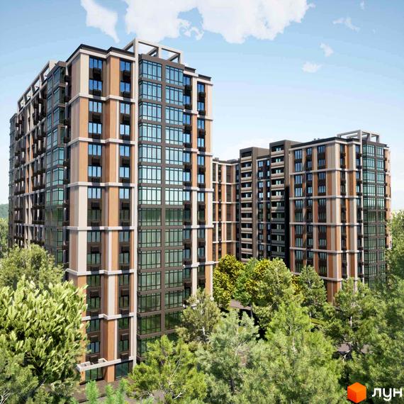 Фаворит Premium - житловий комплекс з високими будинками та великою кількістю скління, оточений зеленими деревами. Зовнішній вигляд будівель виконаний у світлих та темних тонах з коричневими вставками.