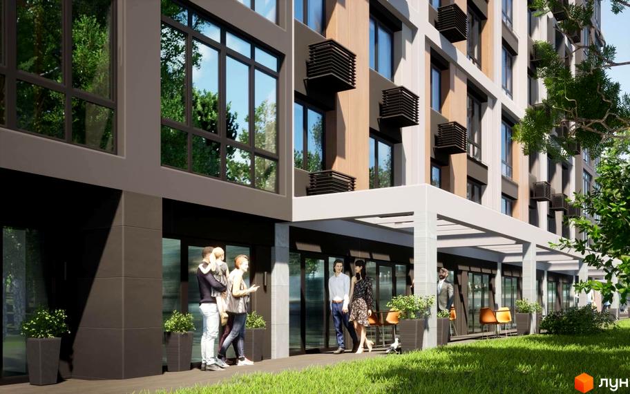 Фаворит Premium – новобудова з великими вікнами та виступаючими елементами фасаду. Прибудинкова територія з зеленими насадженнями та місцями для відпочинку.