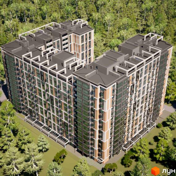 Новобудова ЖК Фаворит Premium з багатою зеленою територією навколо. Будинок має багато вікон та балконів, що забезпечують гарне освітлення.