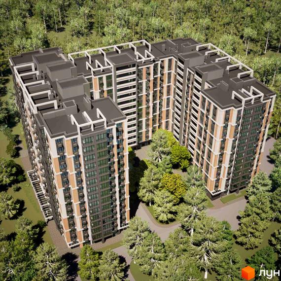 Фаворит Premium - житловий комплекс з багатоповерховими будинками та зеленою прибудинковою територією. Комплекс оточений деревами, що створює затишну атмосферу.