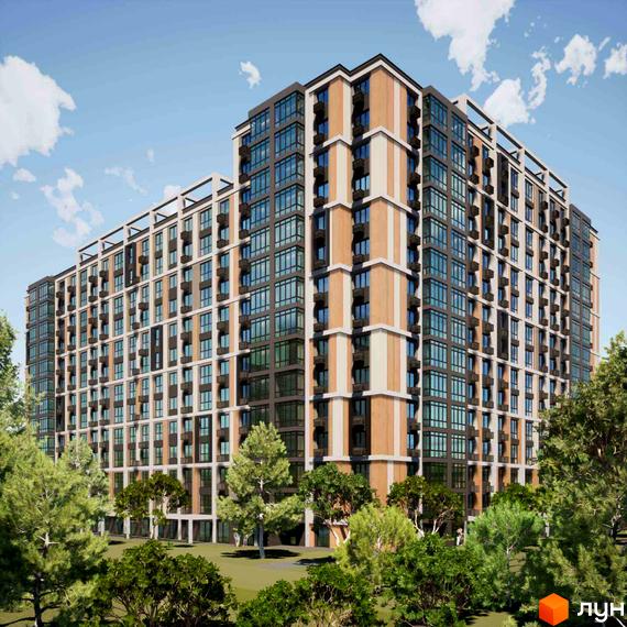 Фаворит Premium - житловий комплекс з багатоповерховими будинками, що мають скляні фасади та балкони, оточений зеленими деревами та газонами.