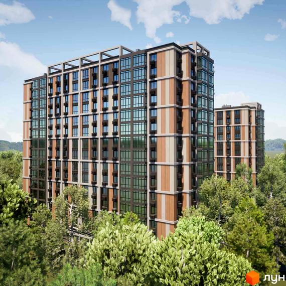 Фаворит Premium - житловий комплекс із висотними будинками, що мають скляні фасади та вертикальні елементи. Навколо комплексу розташовані зелені дерева.