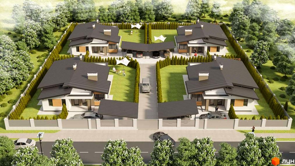 Зовнішній вигляд будинків житлового комплексу на вул. Мазепи. Прибудинкова територія з газоном, парканом та деревами.