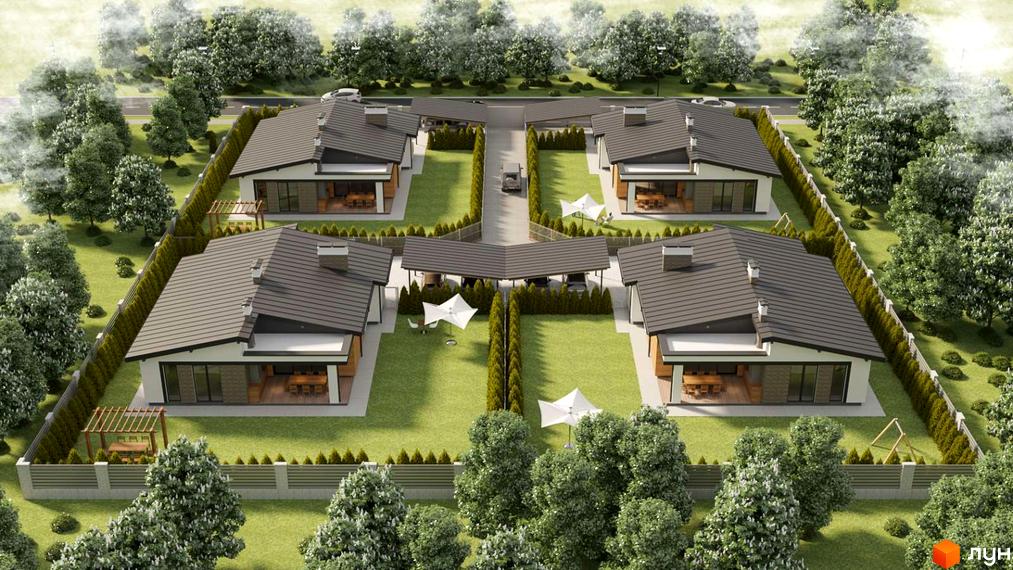 Житловий комплекс на вул. Мазепи: окремі будинки з темними дахами, світлими фасадами, великими вікнами, зеленими газонами та деревами.