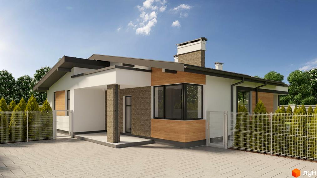 Одноповерховий будинок з білим фасадом, елементами під камінь та дерево, та темним дахом. Перед будинком вимощена територія та металевий паркан з зеленими насадженнями.