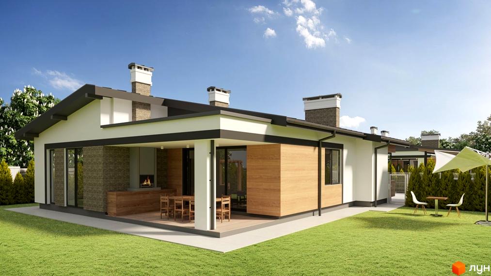 Одноповерховий будинок з великими вікнами та терасою, що виходить на зелений двір з альтанкою та столом. Розташований на вулиці Мазепи.