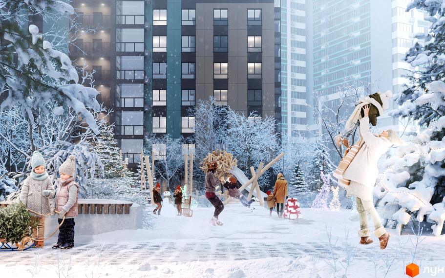 Житловий комплекс Скай Сіті взимку. Діти граються на дитячому майданчику біля новобудови, прикрашеної снігом та гірляндами.