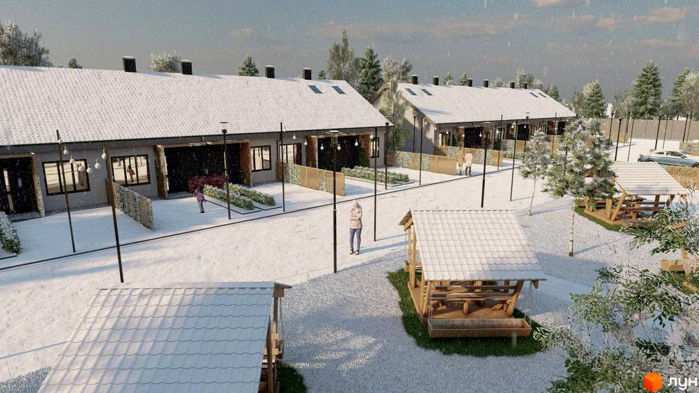 Комплекс Таунхауси Greens взимку, з засніженими дахами та прибудинковою територією з альтанками та деревами.