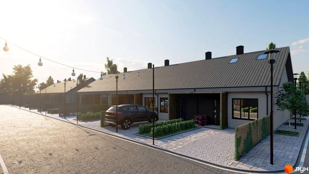 Зовнішній вигляд таунхаусів Greens з сірим дахом та білими стінами, прибудинкова територія з бруківкою та зеленими насадженнями.