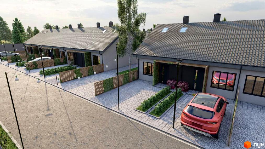 Таунхауси Greens з двосхилими сірими дахами та світлими фасадами. Прибудинкова територія має бруковані доріжки, зелені насадження та місця для паркування.