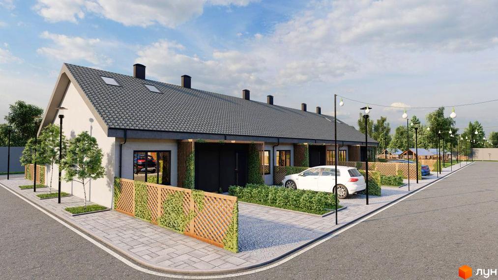 Таунхауси Greens: ряд таунхаусів зі світлими стінами та сірими дахами. Прибудинкова територія має бруківку, дерева, кущі та вуличні ліхтарі.