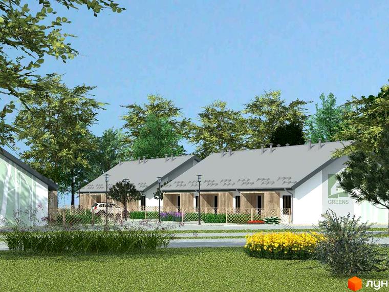 Таунхауси Greens: одноповерхові будинки з білими фасадами та сірими дахами. Навколо зелений газон, дерева та квіткові насадження.