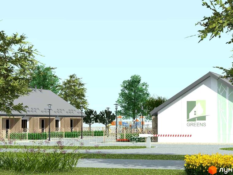 Будинки Таунхауси Greens: світлий фасад з дерев'яними елементами, біла будівля з логотипом, дитячий майданчик та в'їзний шлагбаум.
