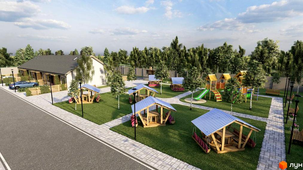 Таунхауси Greens: двоповерхові будинки з сірими дахами та білими стінами, поруч дитячий майданчик з гірками та гойдалками, зони відпочинку з альтанками та лавками.